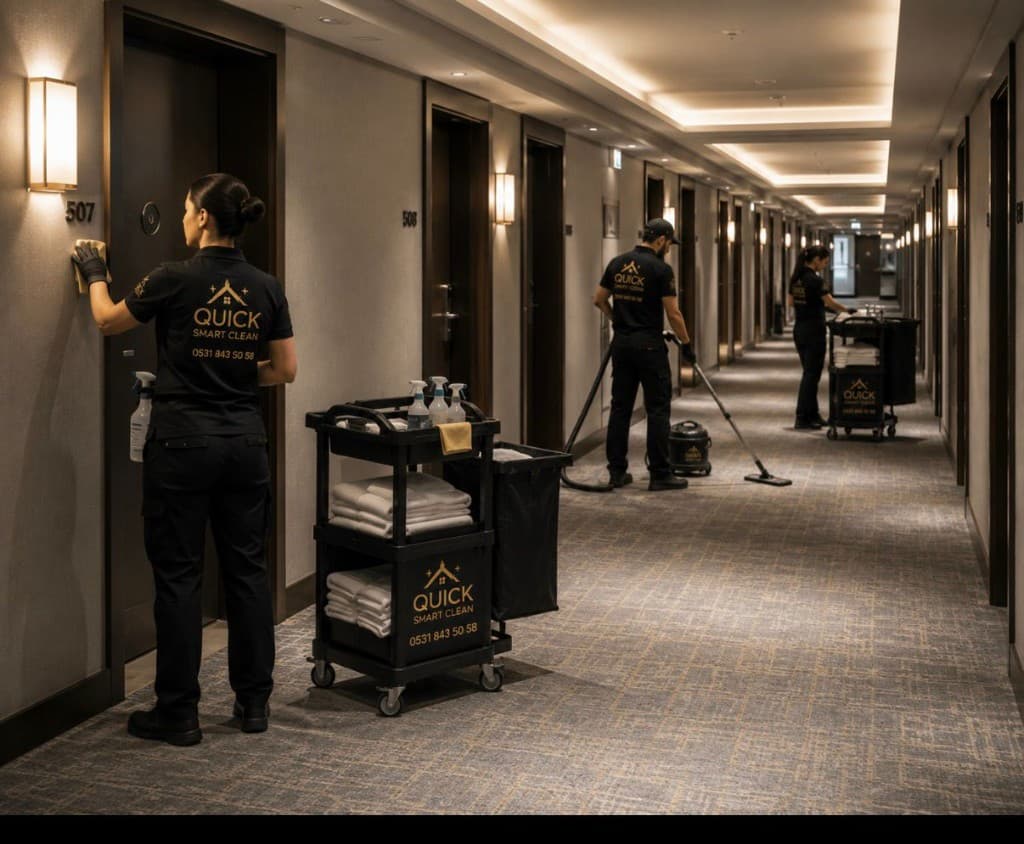 Quick Smart Clean ekibi otel koridorunda oda temizliği operasyonu yürütüyor